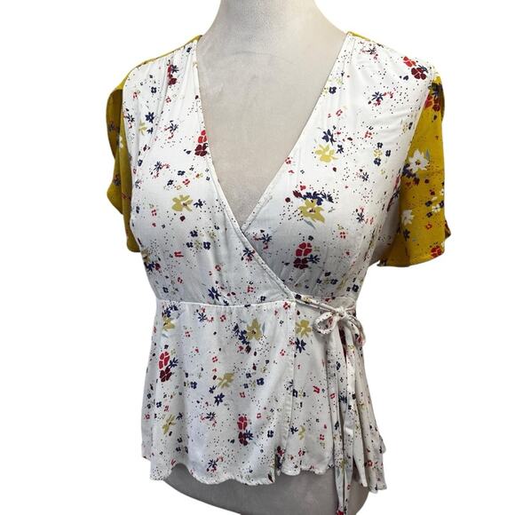 Anthropologie Meadow Rue Floral Wrap Blouse US Size 6 | Flutter Sleeve | Peplum - Picture 1 of 9
